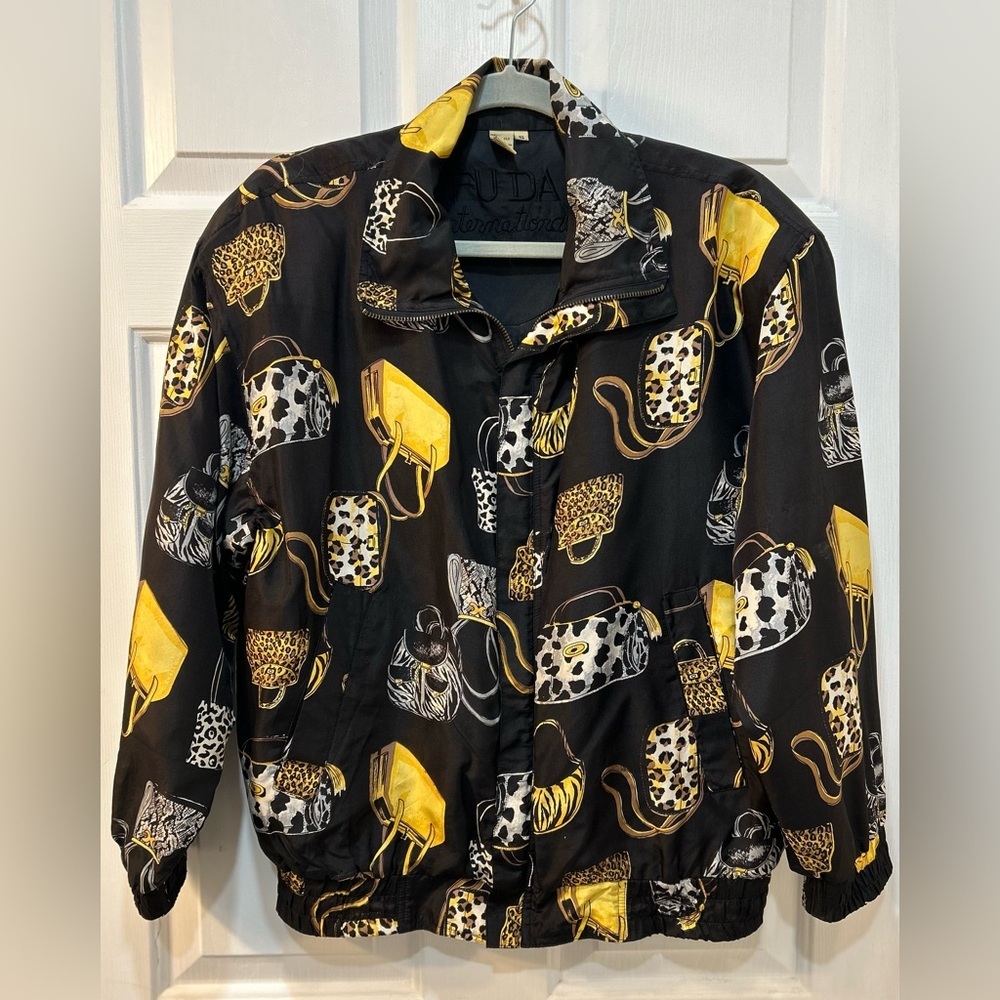 Vtg Fuda International 100% Silk Bomber Jacket Sz S Animal Purse Print 80s Track